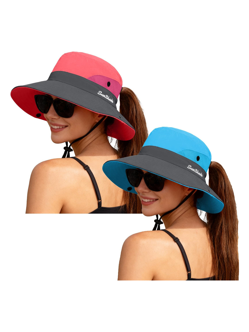 Women's Ponytail Safari Sun Hat,Wide | Watermelon Red, Blue | Size 6 3/4-6 7/8